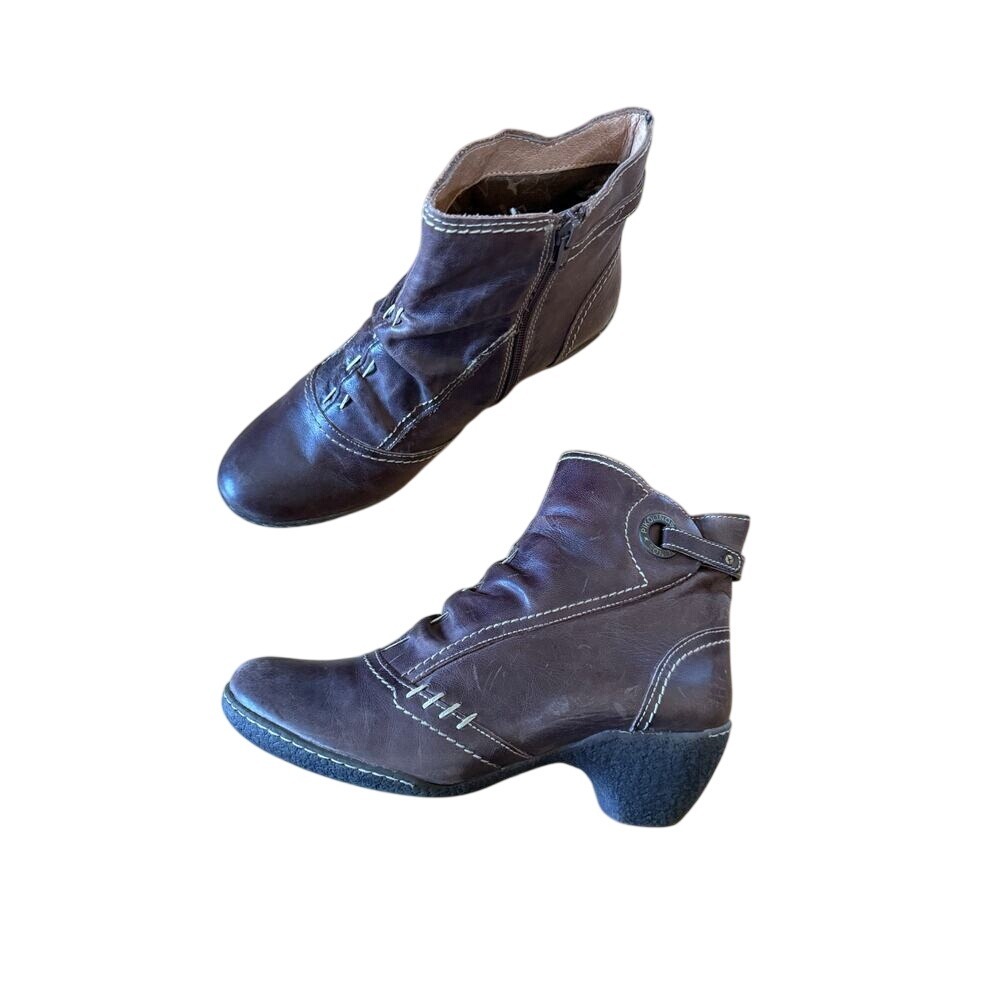 Pikolinos brown leather chunky‎ heel ankle boots stitch detailing